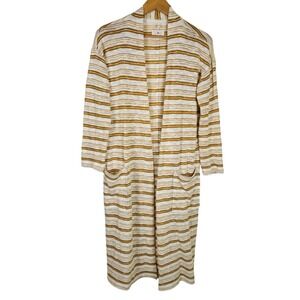 Lou & Grey Sz M Lightweight Duster Cardigan Sweater Carmel Brown White Striped